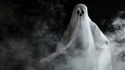 A haunting image of a white ghost, its edges blurring into the smoky background. 