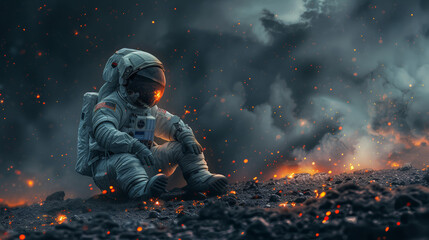 Fototapeta premium Lone Astronaut In Spacesuit Standing On The Moon Looking At The Distant Earth