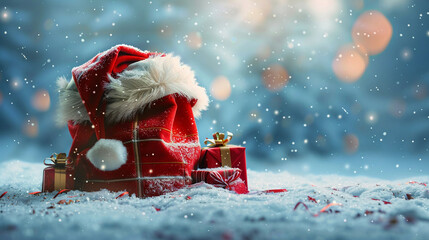 Santas red sack filled with gifts Merry Christmas background.