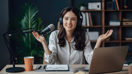 A beautiful young woman with headphones on, smiling and sitting in front of the mic for podcasting at home
