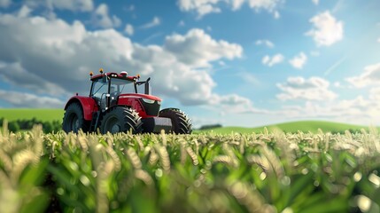 Fototapeta premium A tractor in a stylized, vibrant field with rolling hills