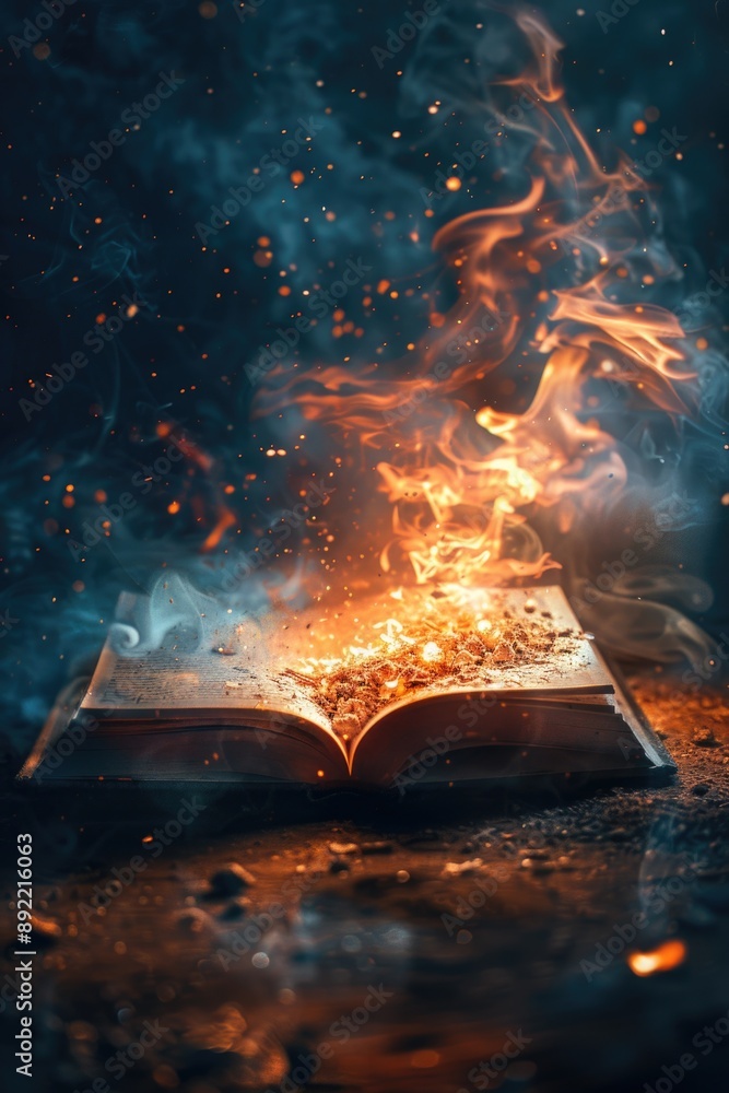 Poster An open book with flames engulfing the pages, suitable for use in illustrations about knowledge, passion, or creativity