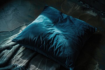 A blue pillow sits atop a bed