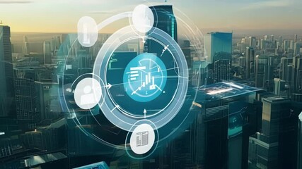 Holographic representations of different economic sectors and industries create a diverse and inclusive financial district skyline.