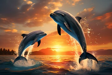 dolphin jumping at sunset