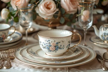 Fototapeta premium Elegant dining setup featuring floral-patterned china, roses, and polished silverware on a lace tablecloth.