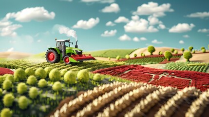 Obraz premium A tractor in a stylized, vibrant field with rolling hills
