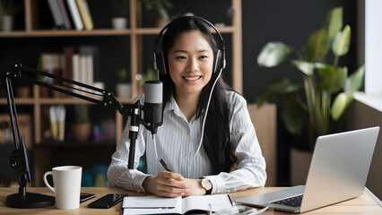 A beautiful young woman with headphones on, smiling and sitting in front of the mic for podcasting at home