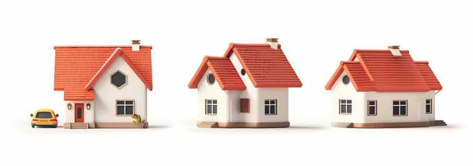 3D icon of three houses with red roofs, white background, front view, side view and back views