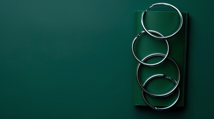 Silver rings against a green background.