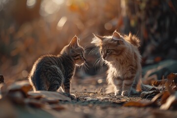 Obraz premium Close-up photo of two domestic cats standing side by side, friendly and relaxed