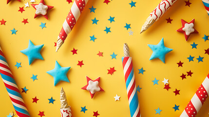 a festive display of red, white, and blue fireworks or rockets with star patterns, set against a bright yellow background