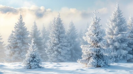 Naklejka premium A snowy forest scene with evergreen trees dusted with snow.