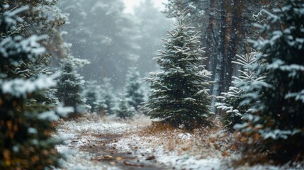 A serene snowy forest scene with evergreen trees dusted with fresh snow, creating a peaceful and wintry atmosphere.