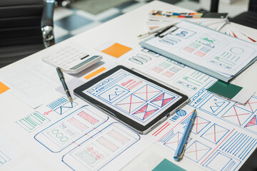 On a desk with paper, a tablet, and a laptop, a digital designer works on user interface (UI) and...
