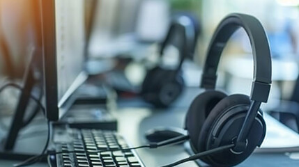 VOIP headset placed on a desk with a computer desktop in a customer service and marketing support workplace. This setup represents office supplies essential for communication support