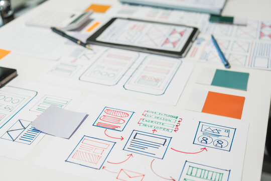 On a desk with paper, a tablet, and a laptop, a digital designer works on user interface (UI) and user experience (UX) concepts, focusing on usability, accessibility, and design principles.