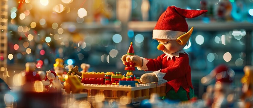 Futuristic Christmas elves building toys in a high-tech workshop, field of dept deep odject, all cover focus text, for spacecopy