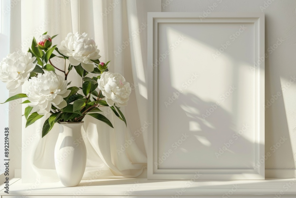 Poster a simple yet elegant setting featuring a white vase filled with white flowers sitting next to a pict