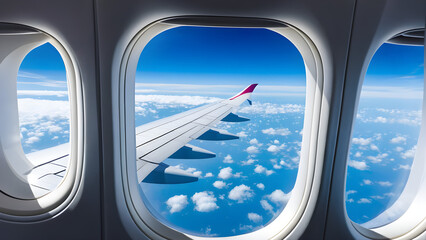 Naklejka premium view from airplane window, travel concept wallpaper, ai generated