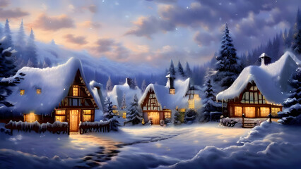 Fototapeta premium a-cozy-village-scene-with-snowflakes