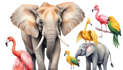 Naklejka premium Watercolor illustration of African Animals: elephant and monkey, cockatoo, wild parrot and giraffe, flamingo isolated white background. Safari savannah animals.