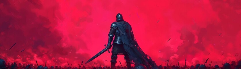 Fototapeta premium A lone warrior stands against a vivid red backdrop, embodying strength and mystery in a dramatic fantasy setting.