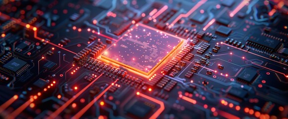 Obraz premium 3D render of a computer chip with a glowing hologram displaying data and an artificial intelligence concept on a circuit board background