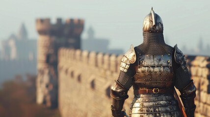 A medieval knight standing on a castle wall, overlooking a historic landscape with towers and castles in the distance.