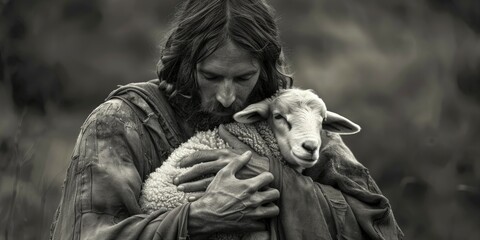 A man holding a sheep in a black and white photograph