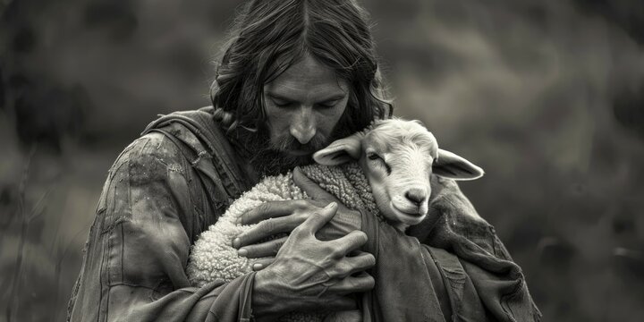 A man holding a sheep in a black and white photograph