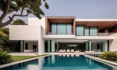 Luxury house with swimming pool and garden. 3d rendering