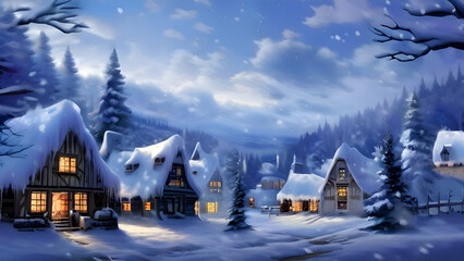 Fototapeta premium a-cozy-village-scene-with-snowflakes