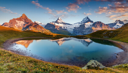 Fototapeta premium Fantastic evening panorama of lake Switzerland. Beauty of nature concept background