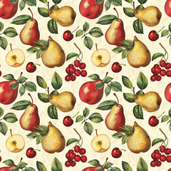 Obraz premium Illustrated pattern of pears, apples, and cherries on cream background