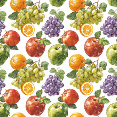 Watercolor seamless pattern of fresh fruit and grapes