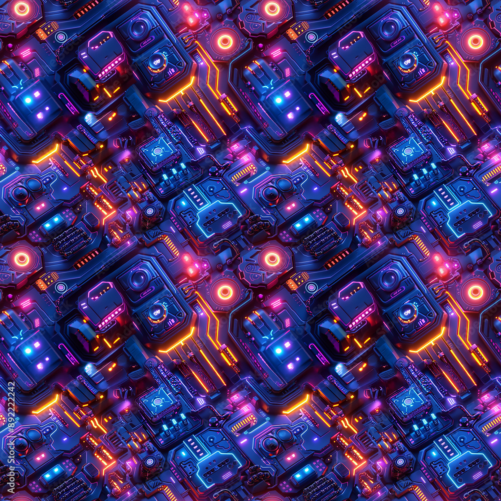 Poster abstract futuristic digital circuitry pattern with neon lights and geometric shapes