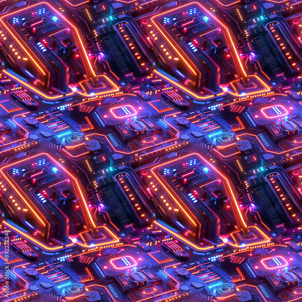 Poster abstract digital circuit board pattern with neon lights