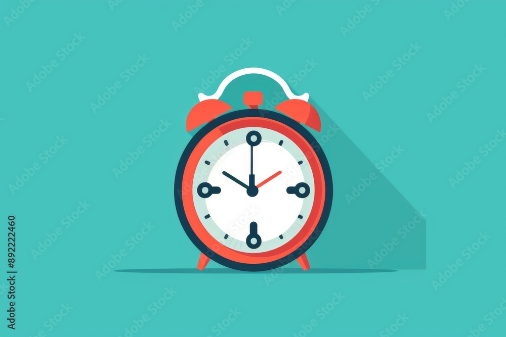 Poster A alarm clock with a long shadow on a blue background, ideal for use in articles about productivity and time management