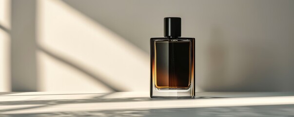 Elegant Amber Perfume Bottle with Minimalist Design in Soft Sunlight.