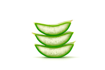 3 pieces of green aloe vera slices stacked, isolated on white
