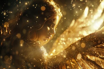 A woman is depicted with gold wings in a dimly lit room, possibly symbolizing angelic or spiritual qualities