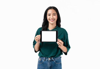 Studio shot of Beautiful Asian woman holding digital tablet mockup of blank screen and smiling on white background.