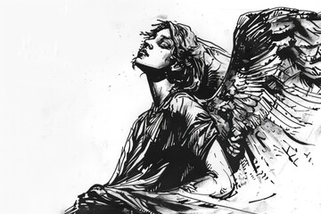 A classic black and white illustration of an angel, perfect for various designs and concepts