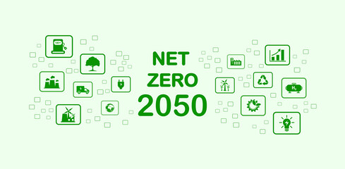 Net zero greenhouse gas emissions by 2050, carbon neutral, net zero greenhouse gas emissions target, long-term climate neutral strategy with green icons