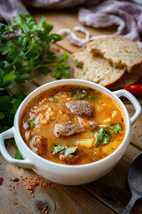 A hearty lunch for the whole family: spicy soup with beef and vegetables in a white plate on a wooden background. Vertical photo. Close-up