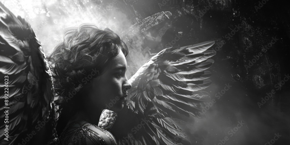 Poster a monochrome image of an angel figure, suitable for use in editorial or artistic contexts