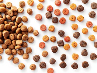 Obraz premium Crisp Close up of Assorted Dry Dog Food Kibble Pieces Scattered on White Background
