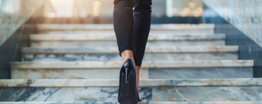Businesswoman's feet in heels walking up a staircase. Free copy space for banner.