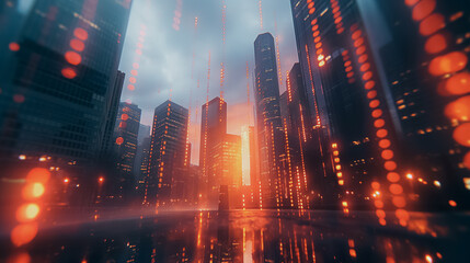 Fototapeta premium Skyscrapers in a city with superimposed financial charts, symbolizing real estate and investment opportunities, futuristic finance concept.